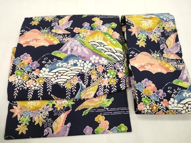 平和屋着物●つけ帯　型染め　風景鳥文　鬼しぼ縮緬　正絹　逸品　CABI7476dy｜平和屋