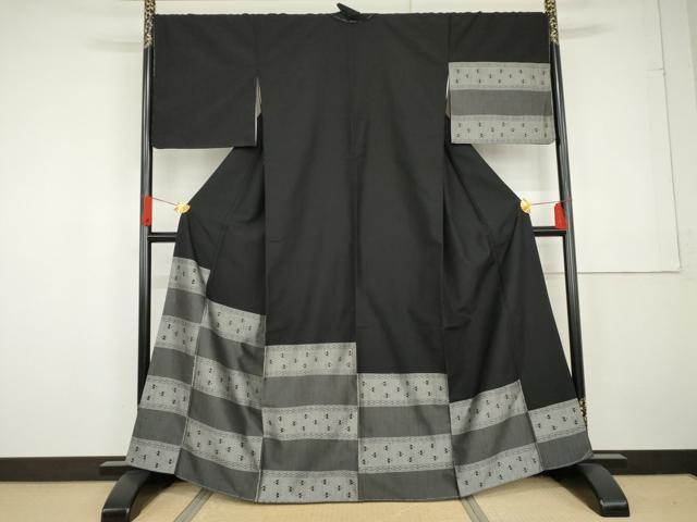 長閑やかさ屋お召しもの●紬 短い訪問着 琉球絣 黒地 正絹 珠玉 未当て嵌める AABG2760cs