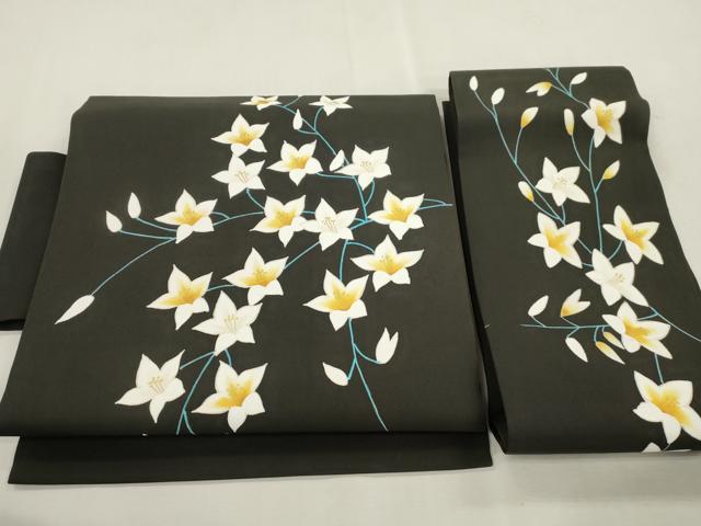 平和屋着物●塩瀬　つけ帯　草花文　黒地　金彩　正絹　逸品　CABI7479dy｜平和屋