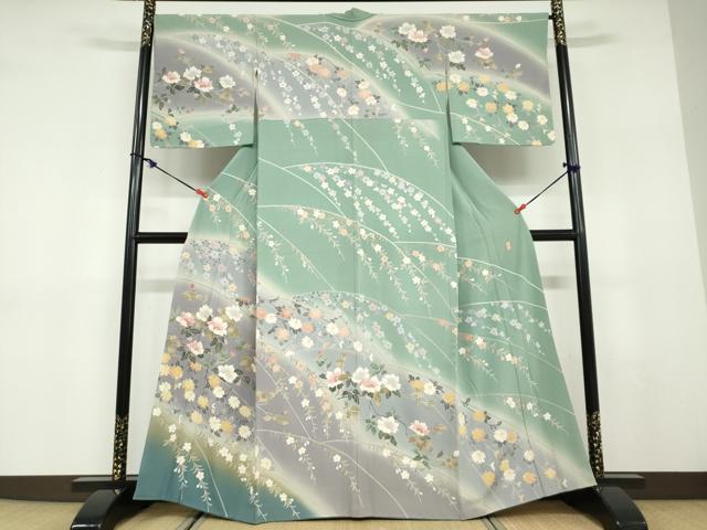 長閑やかさ屋御召しもの●十日町友禅絵描き 岡村蒼風 短い訪問着 被子植物文 暈し染め 正絹 珠玉 DABD9584ud