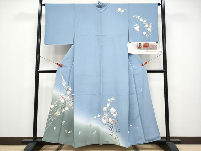 長閑やかさ屋御召しもの●飛び切り 本加賀友禅絵描き 佐藤有季子 短い訪問着 枝花文 暈し染め 三越取りまわし 証紙付き添い人 青藤色地 珠玉 CYAA4551s6