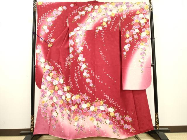 長閑やかさ屋御召しもの●晴れ晴れしい振袖 刺しゅう 枝垂れ花 暈し染 正絹 珠玉 DABF2284鉄