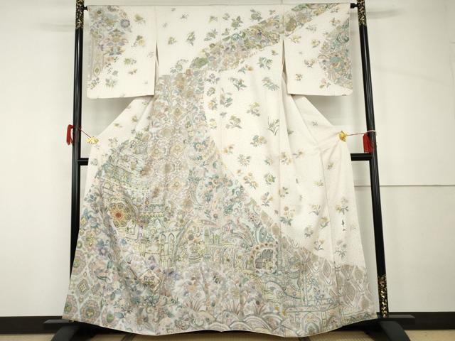 平和屋着物●訪問着 作家物 刺繍 正倉院更紗花鳥文 金彩 正絹 逸品 AABH7135cs|平和屋