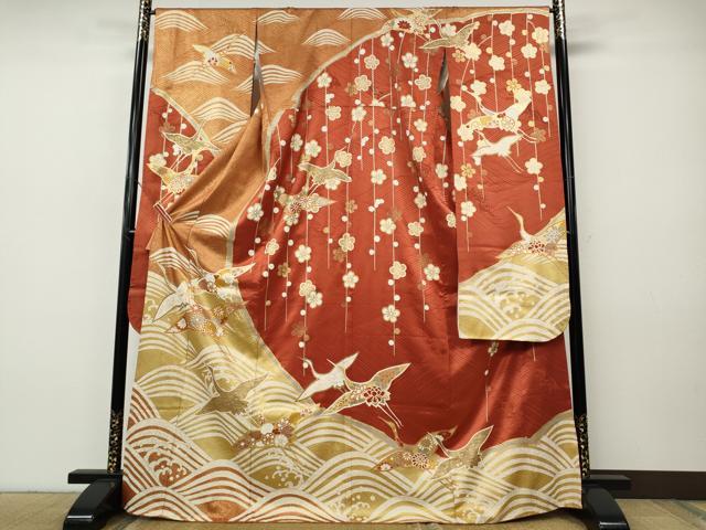 平和屋着物●豪華振袖　駒刺繍　立波飛鶴花文　金彩　正絹　逸品　CABH9885ut｜平和屋