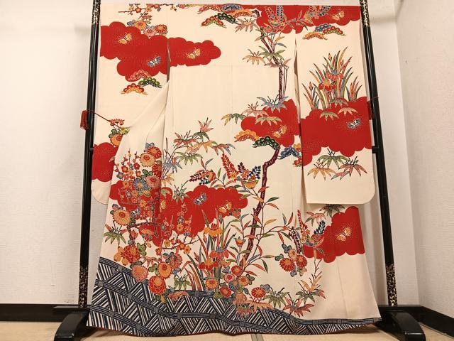 長閑やかさ屋御召しもの●和染紅型 栗山紅型 栗山吉三郎 振袖 花蝶文 鬼しぼクレープ 正絹 珠玉 AABH9759ph