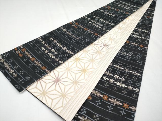 平和屋着物●極上 両面 半幅帯 唐織 横段花文 黒地 金糸 逸品 CYAA4268s6|平和屋