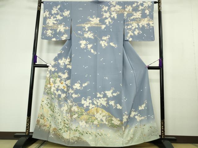 長閑やかさ屋中央局●より良い 短い訪問着 駒刺しゅう 枝桜 松笹文 青藤色地 暈し染め 金彩 珠玉 未当てはめる DZAB7180kh6