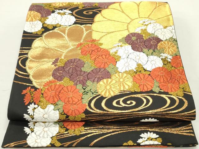 長閑やかさ屋御召しもの●西陣 河合芸術布切れ謹製 六通柄袋帯 唐織 水筋舞菊文 黒地 金糸 正絹 珠玉 DAAZ3417ob