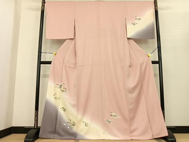 長閑やかさ屋御召しもの●短い訪問着 駒刺しゅう 雪輪西洋紙花文 暈し染め 金彩 正絹 珠玉 AABF0418fy