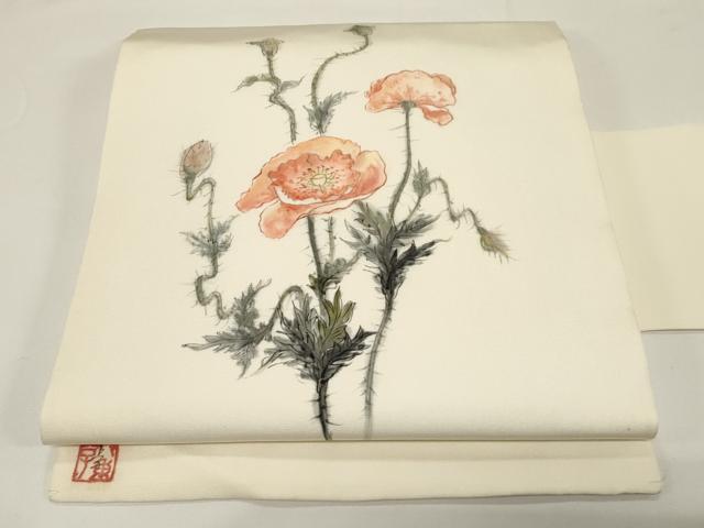 長閑やかさ屋御召しもの●塩瀬 九寸名古屋帯 絵描き物 墨付き 被子植物文 正絹 珠玉 CABE3649dy