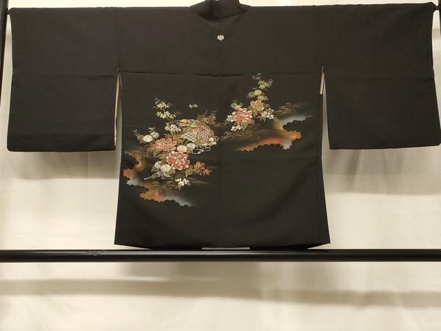 長閑やかさ屋御召しもの＃羽織 寿光織 扇子水流花文 黒地 現ナマ彩 正絹 珠玉 CABG8039インチ