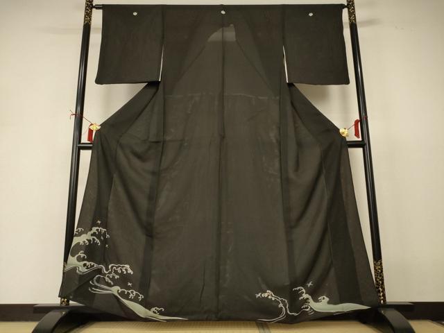 長閑やかさ屋御召しもの＊夏物 黒留袖 絽 刺しゅう 立波飛鳥文 現ナマ糸 正絹 珠玉 AABI9979jd
