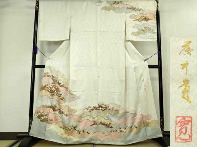 長閑やかさ屋中央局■御前上等 皇室献上絵書き 藤井寛 短い訪問着 駒刺しゅう 雲取り九重の天解花文 生み出すこと色地 金糸 珠玉 DZAA4081kh5