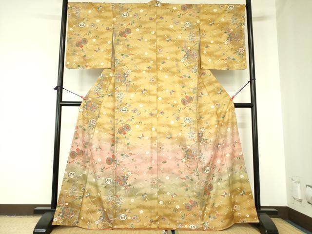 長閑やかさ屋御召しもの●短い訪問着 舞蝶花鼓文 暈し染め 金彩 正絹 珠玉 DABF3997op