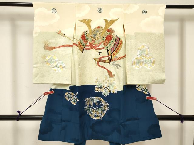 平和屋着物[]お宮参り　男の子　祝着　産着　初着　のしめ　刺繍　唐獅子　兜　笹竹花文　金銀彩　逸品　DABE7126ma｜平和屋