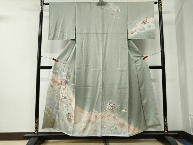 長閑やかさ屋御召しもの●短い訪問着 花籠文 暈し染め 金彩 正絹 珠玉 CABG0321yc