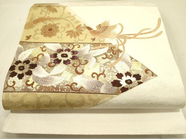 長閑やかさ屋御召しもの●膜鳴楽器柄袋帯 鳳凰花唐草文 現ナマ彩 金通し地 正絹 珠玉 DABD0456op