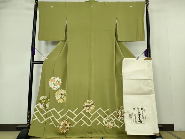 長閑やかさ屋中央局●御前上等 銀座 志ま亀 色留袖 花丸文 青朽葉色 金彩 クレープ地 たとう紙付き添い人 珠玉 DZAB7246kh6
