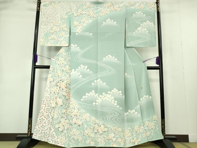 長閑やかさ屋中央局●より良い 京友禅執筆者 光永正美 短い訪問着 刺しゅう 枝花文 薄べったい千草色地 暈し染め 金彩 珠玉 未当てはめる DZAB7247kh6