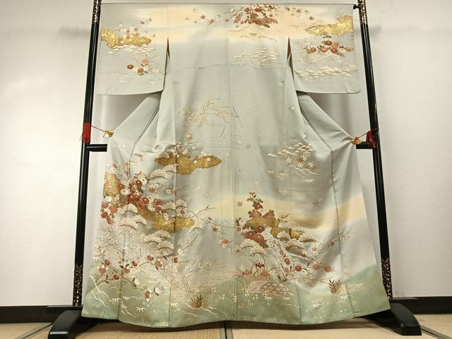 長閑やかさ屋御召しもの●短い訪問着 雲取り見晴らし花文 暈し染め 金彩 そごうバス発着場取りまわし 正絹 珠玉 AABG4508fy