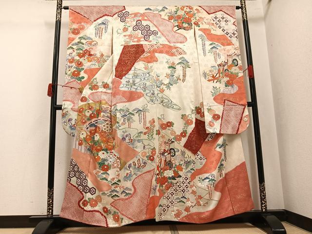 平和屋着物●豪華振袖 駒刺繍 絞り 檜扇御所車草花文 金彩 正絹 逸品 AABJ8487ph|平和屋