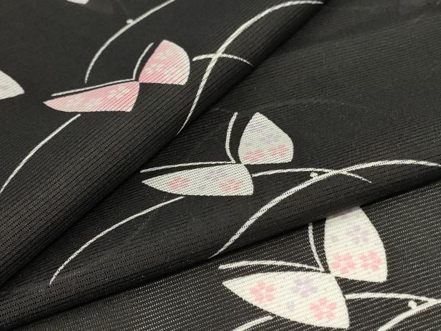 長閑やかさ屋御召しもの＊夏物 小紋 絽 芝花蝶文 黒地 洗える御召しもの AABI9885jd