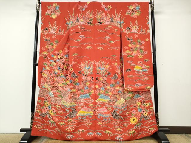 長閑やかさ屋御召しもの●晴れ晴れしい振袖 型染め 見晴らし顕花植物文 大丸取りまわし 正絹 珠玉 CABG5397ut