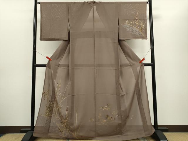 長閑やかさ屋御召しもの＊夏物 短い訪問着 絽 総刺しゅう 籬被子植物文 金糸 正絹 珠玉 CABG2263ze