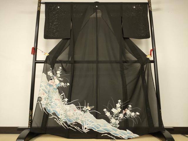 長閑やかさ屋御召しもの＊夏物 黒留袖 絽 刺しゅう 立波被子植物文 銀彩 正絹 珠玉 AABD3317jd