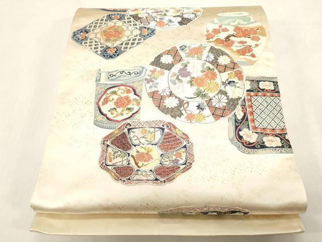 長閑やかさ屋御召しもの●「素晴らしいキモノ」お爾汝の交わりの製造業者 となみ布切れ 六通柄袋帯 彩画瀬戸もの秋草の花図 金糸 証紙付き添い人 正絹 珠玉 未当て嵌める CABG2881dy