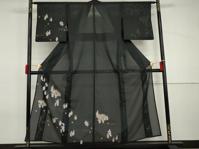 長閑やかさ屋御召しもの＊夏物 短い訪問着 絽 御所車人となり見晴らし文 黒地 金彩 洗える御召しもの AABI9780cs