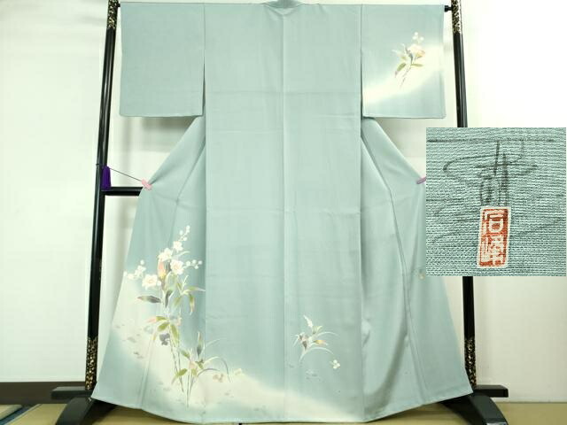 本加賀友禅「百貫 達雄」白い花と蘭・淡オリーブ色訪問着・美品・正絹　N‐45 本加賀友禅「百貫 達雄」白い花と蘭・淡オリーブ色訪問着・美