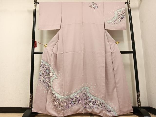 長閑やかさ屋御召しもの●短い訪問着 友禅 更紗文 正絹 珠玉 AABI0576ph