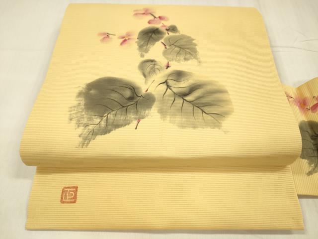 長閑やかさ屋お召しもの＊夏物 絽塩瀬 九寸名古屋帯 文筆家物 墨付き 顕花植物文 正絹 珠玉 DABD6909糎