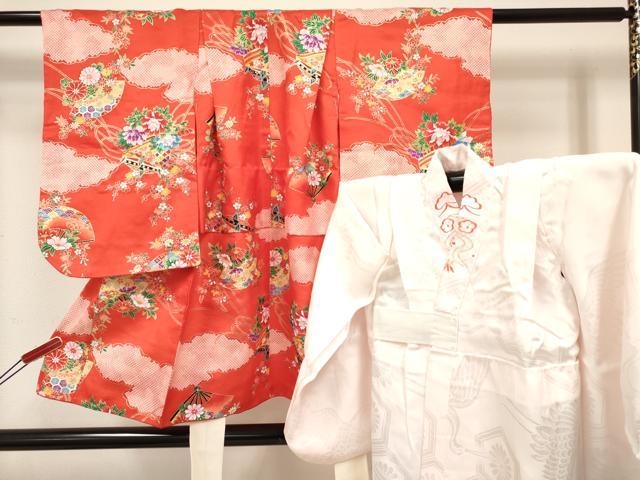 長閑やかさ屋御召しもの[]七五三 うしろ帯 ３歳 祝着 参身 長襦袢(袷・半衿刺しゅう)仕掛ける 扇子糸車花文 金彩 珠玉 DABA3825ma