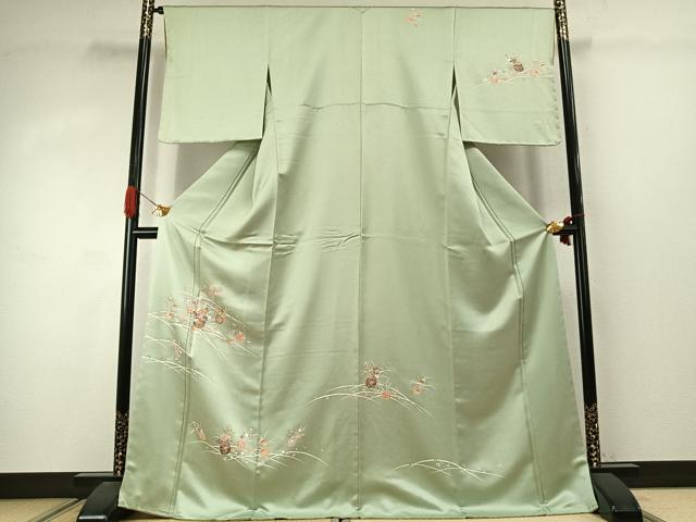 長閑やかさ屋御召しもの●短い訪問着 顕花植物文 金彩 ロング丈 正絹 珠玉 未当て嵌める AABJ4057fy