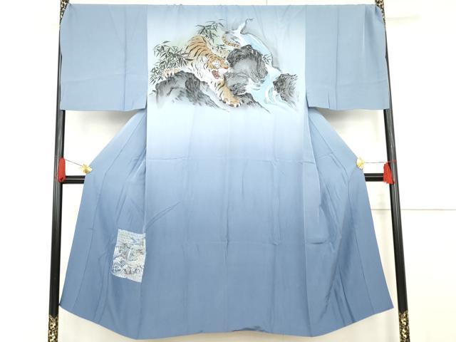 平和屋着物●男性 長襦袢 袷 手描き 立波に虎 暈し染め キングサイズ 正絹 逸品 AABF9143cs|平和屋