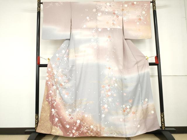 平和屋着物●訪問着 友禅 枝垂れ桜文 暈し染め 金彩 正絹 逸品 AABG2792cs|平和屋