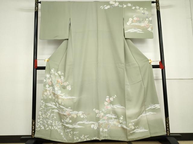 長閑やかさ屋お召しもの●短い訪問着 友禅 駒刺しゅう 枝花船文 金彩 正絹 珠玉 AABG2794cs
