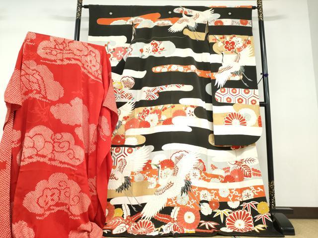 長閑やかさ屋中央局●アンティーク 大正人情本 振袖 長襦袢（袷）書き割り 駒刺しゅう 飛鶴顕花植物文 半衿刺しゅう 正絹 珠玉 DABD9538ud