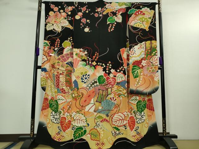 平和屋本店●極上　アンティーク　大正ロマン　振袖　駒刺繍　几帳檜扇花文　黒地　暈し染め　金彩　逸品　DZAB4154kh6｜平和屋
