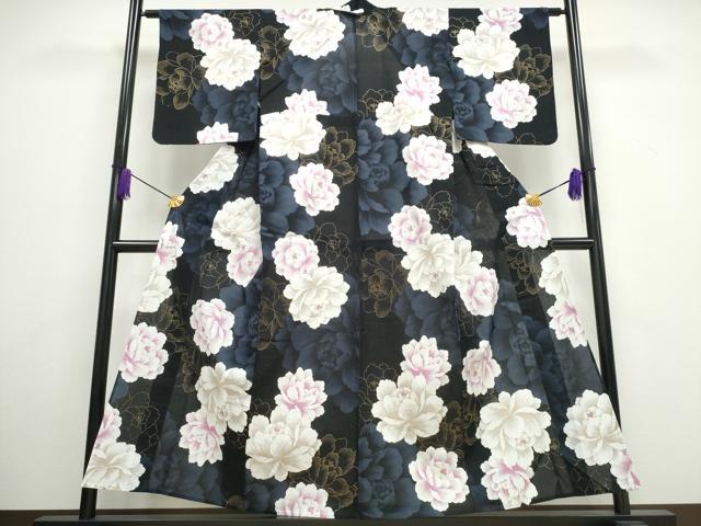 平和屋着物∴夏物 ファッションデザイナー HIROKO KOSHINO コシノヒロコ 浴衣 牡丹 黒地 金彩 綿 逸品 CAAW1050ng