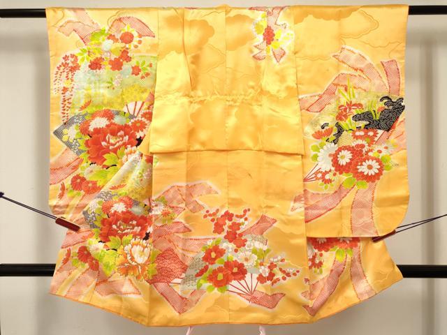 長閑やかさ屋御召しもの[]七五三 お嬢さん ３歳 祝着 参身 駒刺しゅう 扇子名取り草花文 暈し染め 金彩 珠玉 DABE7236ma