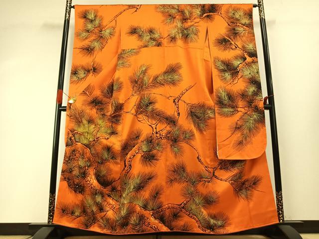 長閑やかさ屋御召しもの●晴れ晴れしい振袖 手書き 枝松文 金糸 金彩 正絹 珠玉 AABI1941fy