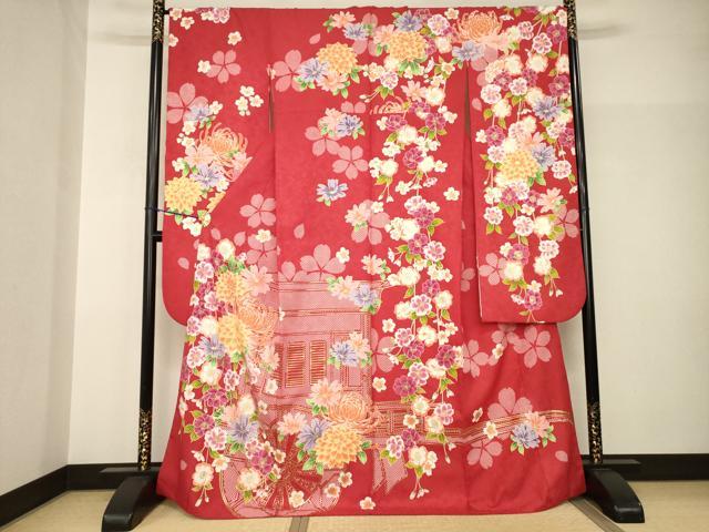 長閑やかさ屋御召しもの●H・L（アッシュエル） HENRI-LUC CHAPUIS 振袖 見晴らし花文 金彩 洗える御召しもの AABH9573ck