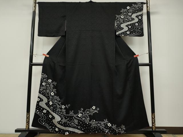 長閑やかさ屋お召しもの●短い訪問着 総絞り 水筋枝花文 黒地 正絹 珠玉 CABD0061ut 着物-和服