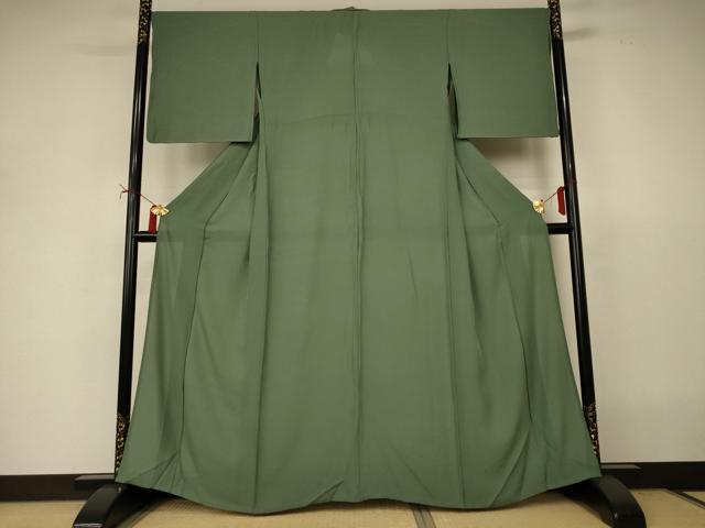 長閑やかさ屋御召しもの＊夏物 色無地 縦絽 老竹色 正絹 珠玉 AABI9898jd
