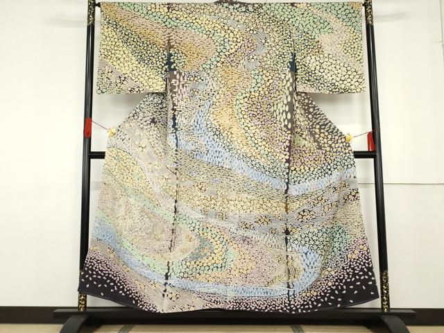 長閑やかさ屋御召しもの●短い訪問着 中国三大刺しゅう 相良刺しゅう 絵描き物 絞り 葉葦細工場 森林地帯舞花文 銀通し地 正絹 珠玉 未当て嵌める AABF6614cs