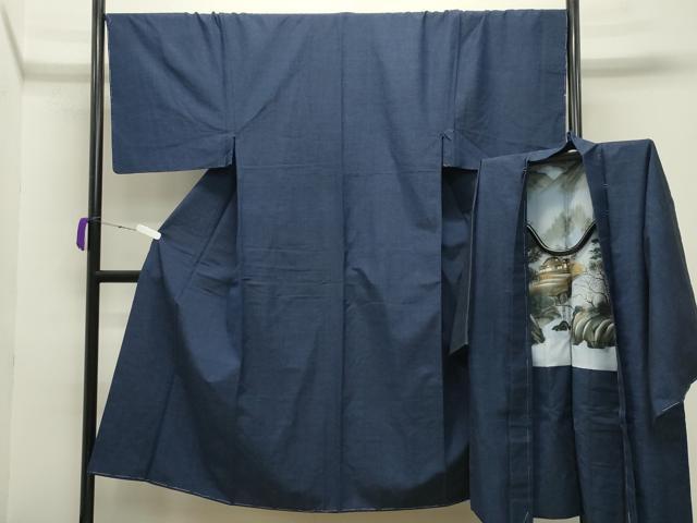 平和屋着物●男性 紬 アンサンブル 霞文 鉄紺色 正絹 逸品 CABB0048gh|平和屋