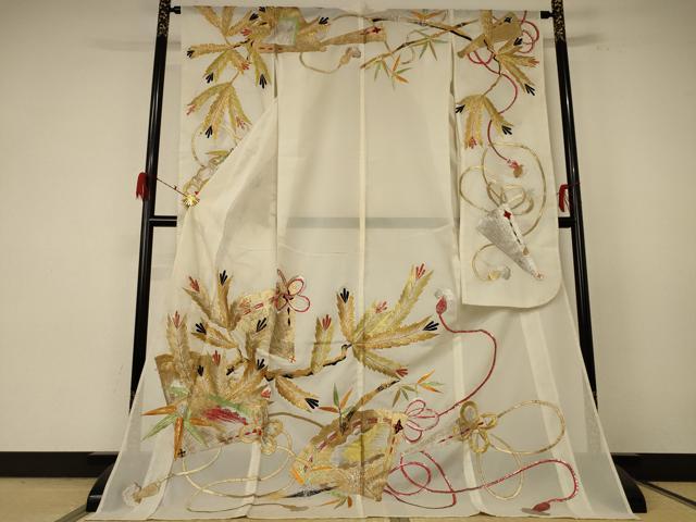 長閑やかさ屋御召しもの＊夏物 振袖 絽 刺しゅう 松葉文 現ナマ糸 洗える御召しもの AABF1593jd
